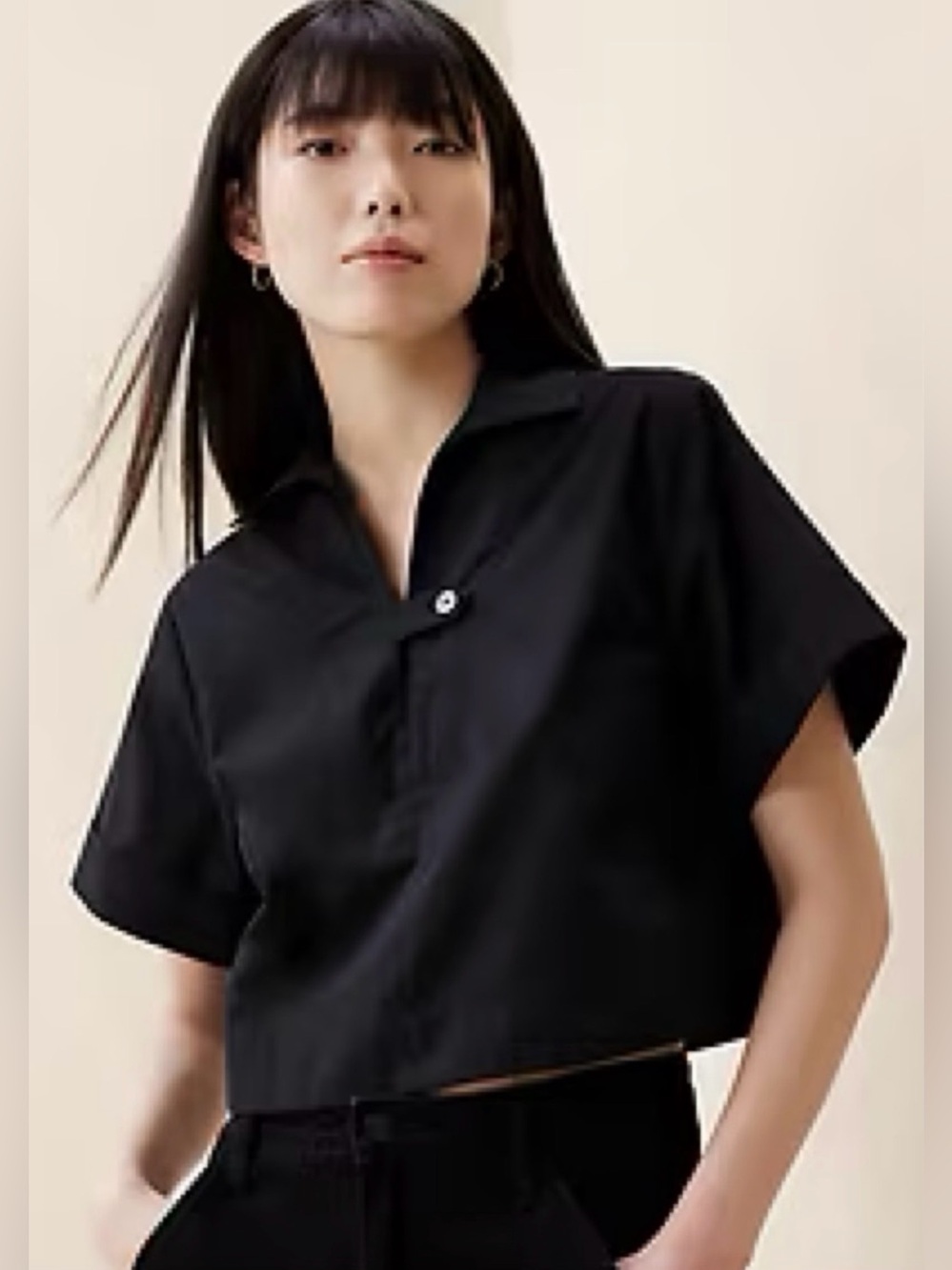 Banana Republic Factory Black Cropped Button-Front Polo Top
